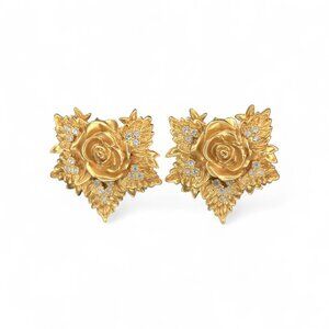 Elizabeth Taylor For Avon Gold Tone Clip-On Rose Earrings With Pavé Crystals